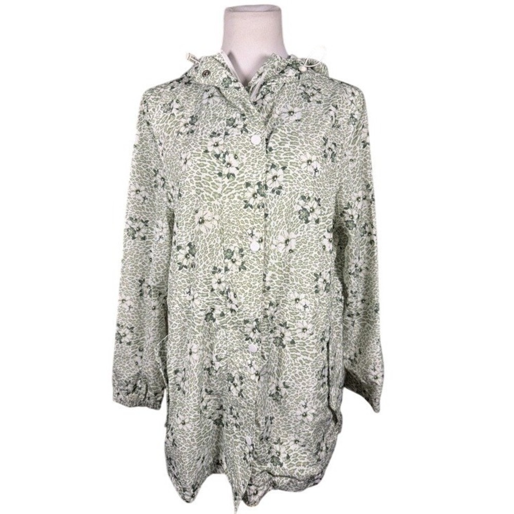Linda Anderson Womens Floral‎ Leopard Print Hooded Rain Jacket Green Size L
